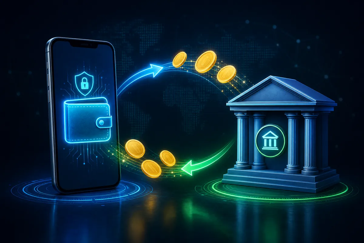 Ponsel dengan dompet digital bertukar koin dengan bank