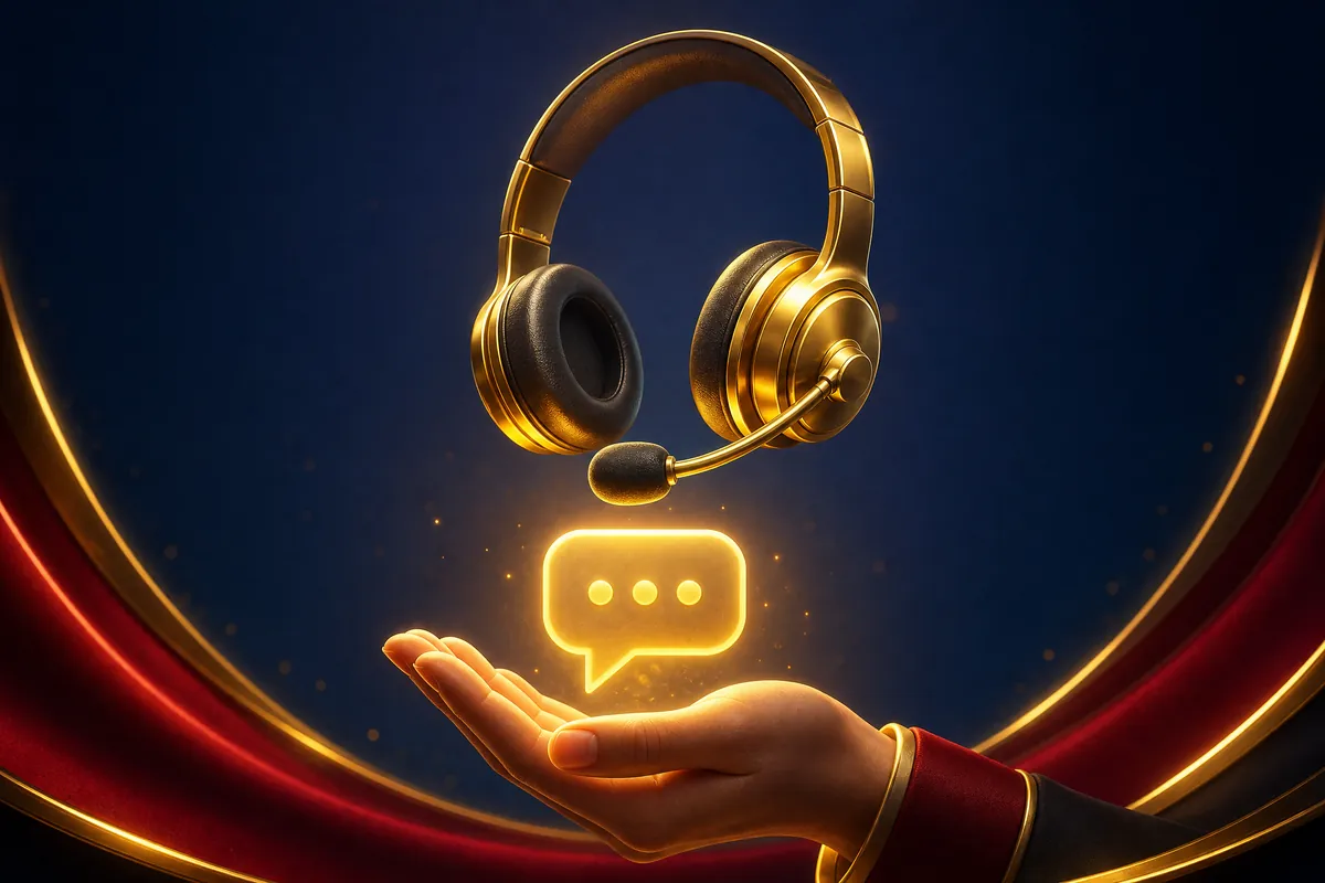 Headset emas melayang di atas tangan dengan gelembung obrolan bercahaya