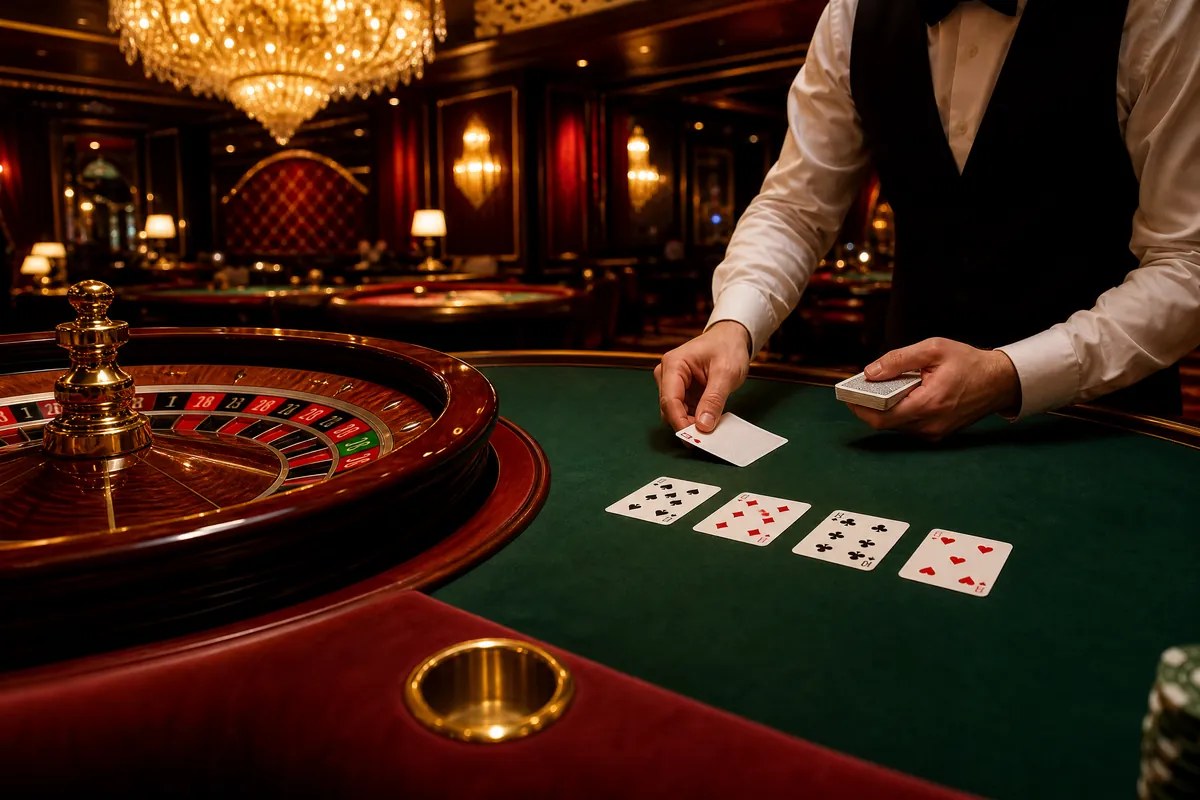 Dealer casino membagikan kartu di meja hijau dengan roda roulette