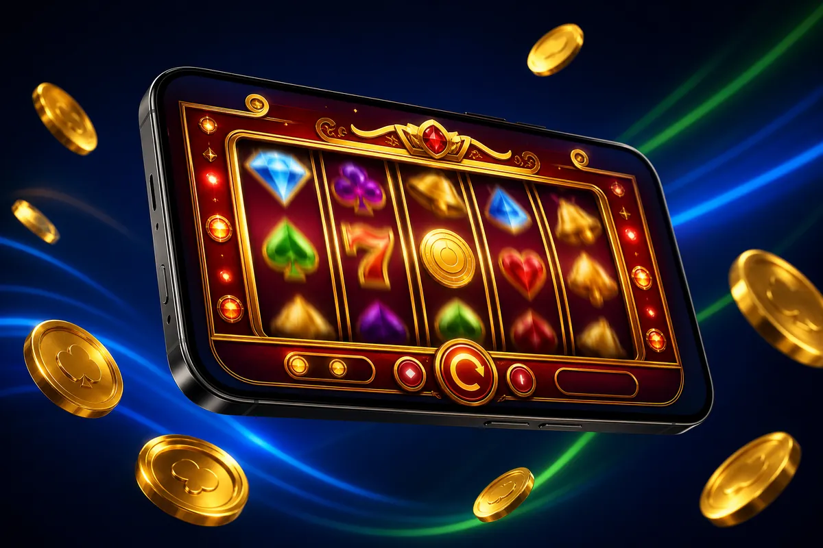 Tampilan permainan slot di layar ponsel dengan koin emas
