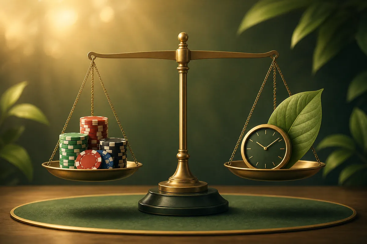 Ilustrasi timbangan emas dengan chip poker dan jam sebagai simbol keseimbangan bermain